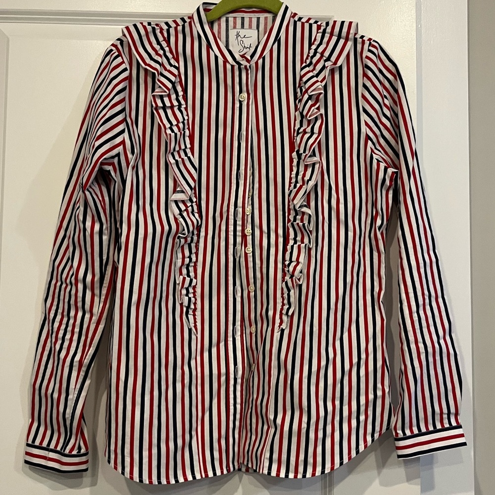 The shirt by Rochelle Behrens red blue stripe ruffle shirt medium